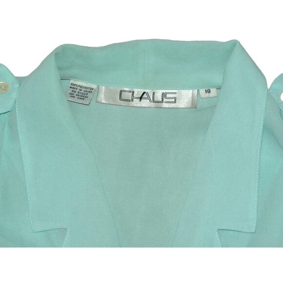 90s Y2K Semi Sheer Turquoise Blouse w Epaulettes CHAUS | S - Picture 7 of 8